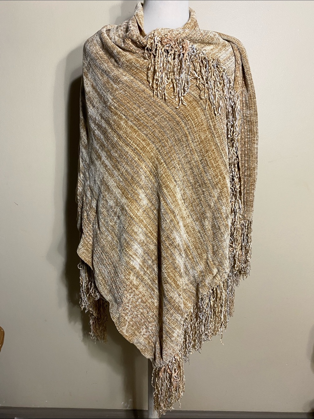 Neutral Tan Fringe Poncho Shawl - Unbranded